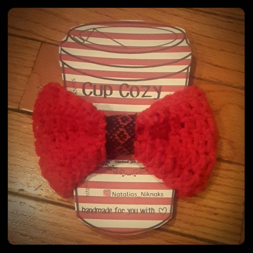 Red cup cozy with ribbon accent